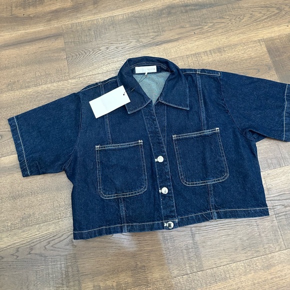 Zara Tops - Zara Dark Blue Cropped Denim Button-Down Shirt